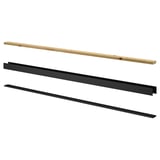 SKYTTA rail parts for sliding doors: wooden top, black aluminium bottom rails.
