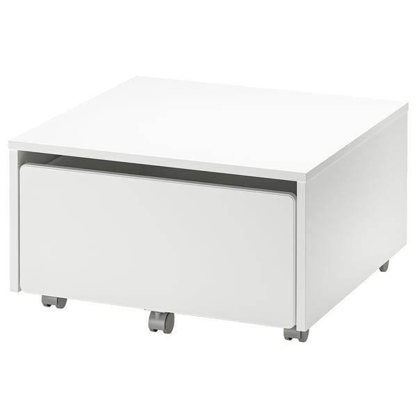 SLÄKT, white underbed storage drawer, four wheels, sleek square design.