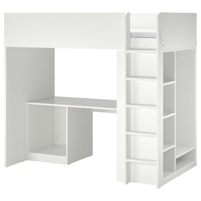 White SMÅSTAD loft bed with desk, shelves, and storage. Modern, minimalist design for small spaces.