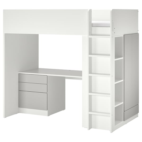 Modern white childrens loft bed with desk, wardrobe, and shelves.