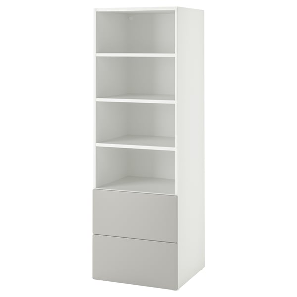 White SMÅSTAD bookcase with three shelves, two drawers, modern design.