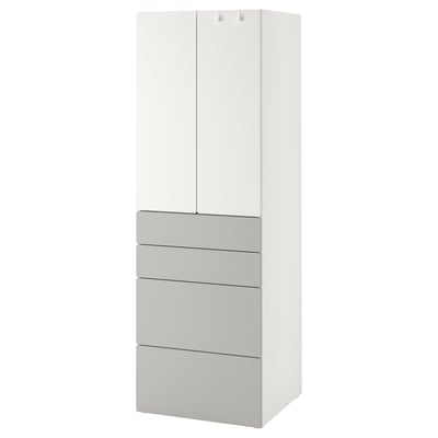A SMÅSTAD wardrobe in white and grey, with drawers and hanging space for clothes.