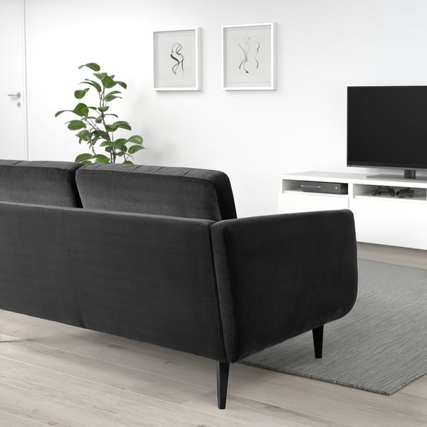 Modern black sofa with cushions and wooden legs against white wall, flanked by art and tv. Green plant on sofa, grey rug below.