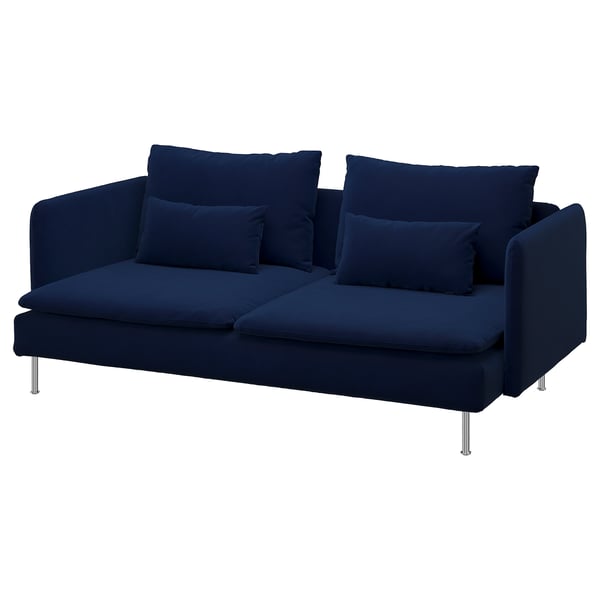 Deep blue SÖDERHAMN sofa: low, plush, metal legs, comfortable.