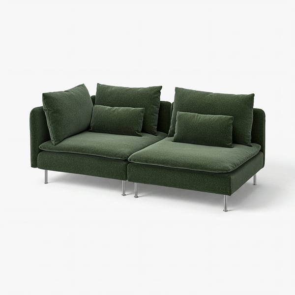 Modern dark green l-shaped sofa with metal legs, plush cushions, and minimalistic design.