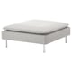 Grey upholstered ottoman, square-shaped, four chrome legs, modern design.
