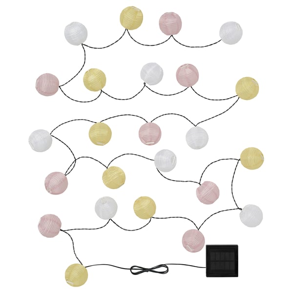 SOLVINDEN solar-powered lanterns, multicoloured spheres on strings, eco-friendly, brighten outdoor spaces.