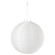 Round white solar lantern hangs from string. Made from recycled pet bottles.