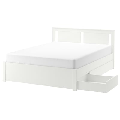 White SONGESAND bed with clean lines and drawer storage. Minimalist design with high legs and adjustable sides.
