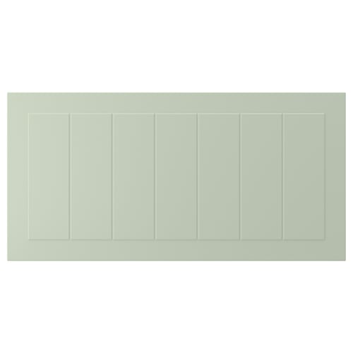 Image shows green STENSUND cabinet front. Rectangular, grooved design. Made of fiberboard. Modern, clean look.