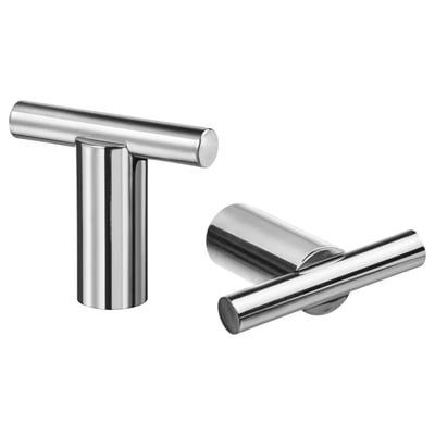 Two chrome t-shaped handles, one vertical and one horizontal, with sleek lines and modern design. Made of stainless steel and aluminium.