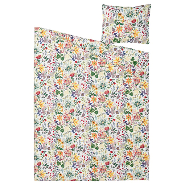 STRANDLUMMER duvet set, floral design, white base, colourful flowers, 100% cotton, includes duvet cover and pillowcase.
