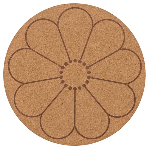Round cork placemat with brown floral design.