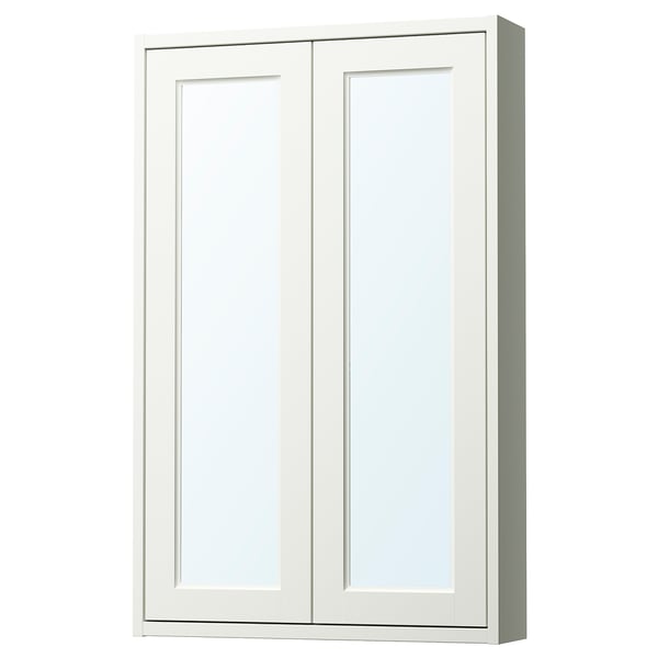 White TÄNNFORSEN bathroom cabinet, wall-mounted with mirrored doors and glass shelves.