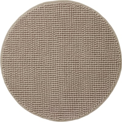 TOFTBO round bath mat, beige. Soft, recycled polyester, pebble-textured design. Machine-washable, quick-drying.