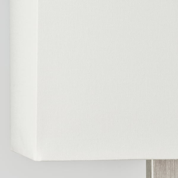 Modern rectangular lamp with white textile shade, stylish aluminium base.