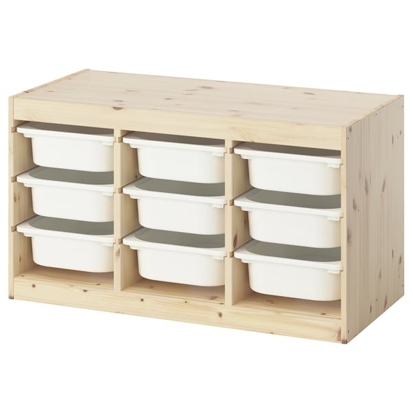 TROFAST light pine storage unit with 9 white bins.
