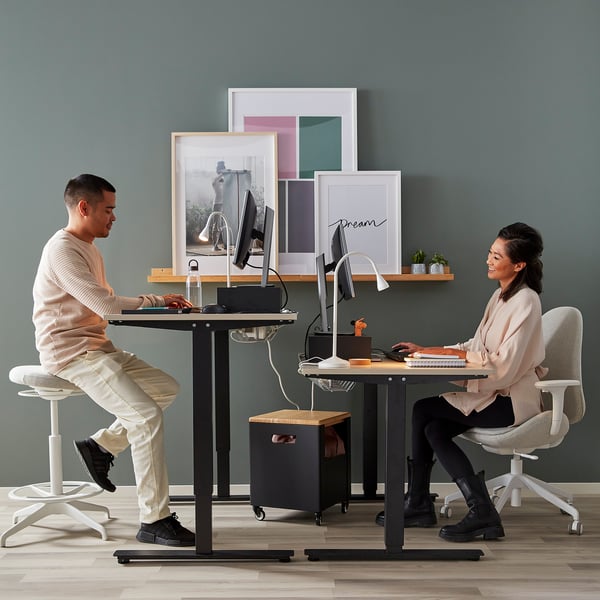 Two people at adjustable desks with computers. Calming blue-green walls with art and plants.
