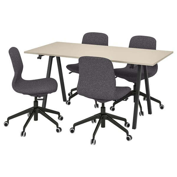 A TROTTEN furniture set with a rectangular table and four grey fabric swivel chairs.