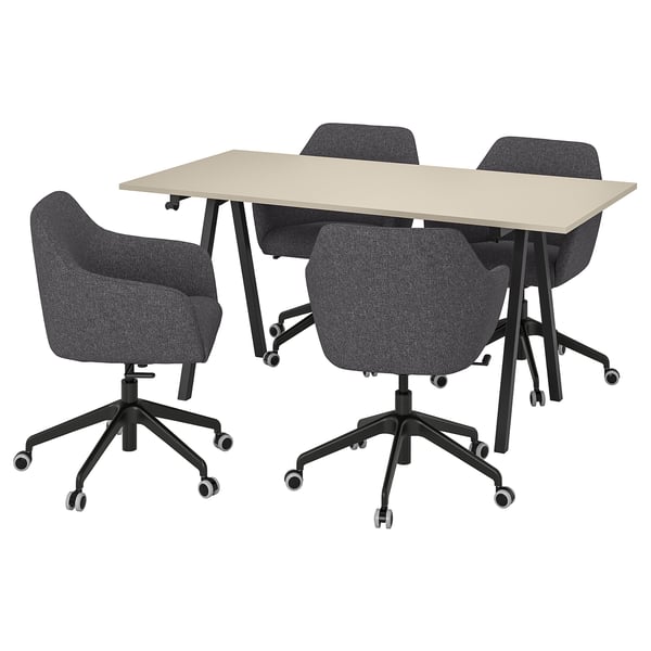 Modern desk with four grey upholstered swivel chairs, black metal legs.