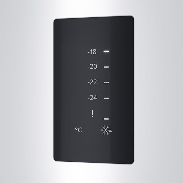 Black freezer control panel with touch display, showing temperatures from -18°c to -24°c and snowflake icon.