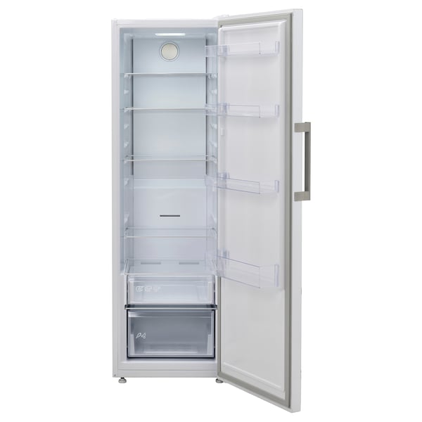 White upright fridge with transparent drawers open.