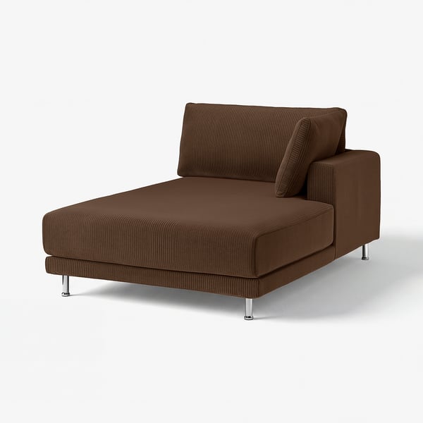 Modern brown sofa, l-shaped with chrome legs, comfy for family time.