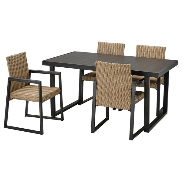 VÄRMANSÖ outdoor set: black metal table, four wealth-colored woven chairs.