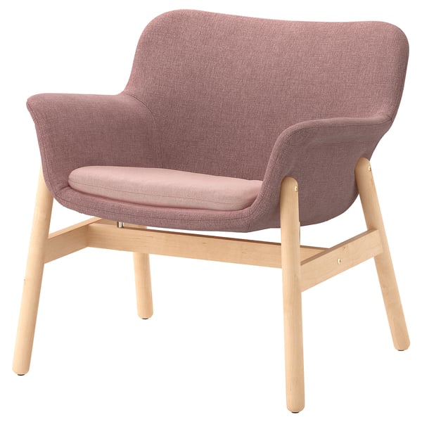 VEDBO armchair, pinkish-brown, wooden legs, curved shape, modern design.