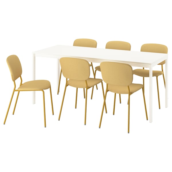 VIHALS / VIHALS Table and 6 chairs, white/yellow Tibbleby yellow, 120/180x74 cm