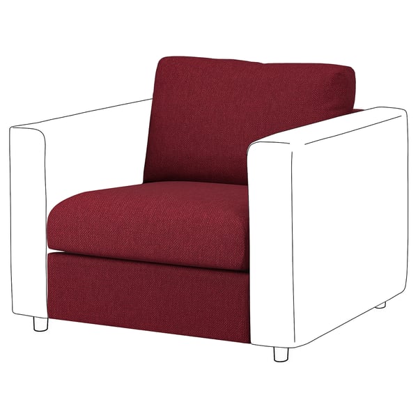 VIMLE red chair: modern, plush, rectangular, four legs, bold color, upholstered.