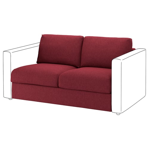 VIMLE red loveseat, modern design, white legs, cosy and durable.