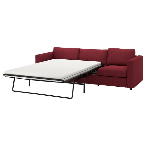 Red VIMLE sofa-bed, modern, l-shaped, fabric & foam, converts easily.