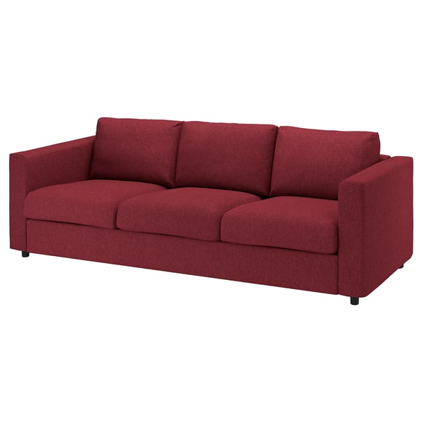 A red VIMLE sofa with rectangular cushions. It has a modern, minimalist design with clean lines and a supportive frame.