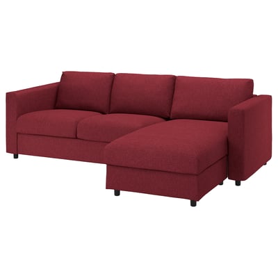 VIMLE red l-shaped sectional sofa; fabric-covered, cozy, and versatile.