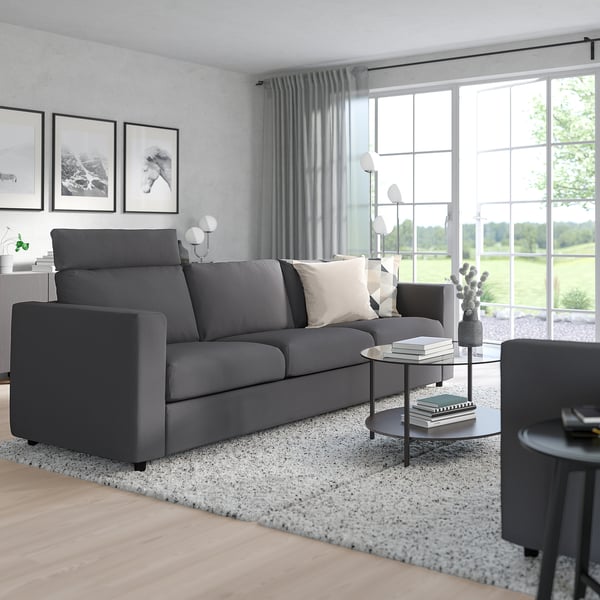 Modern grey VIMLE sofa, sleek & spacious, fits well in large rooms, with plush cushions & contemporary design.