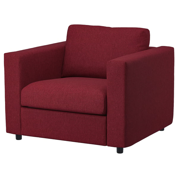 Red VIMLE armchair, modern design, boxy shape, dark wooden legs, cosy fabric.