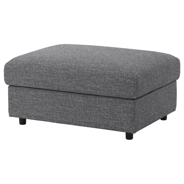 VIMLE grey fabric footstool with storage. Square, upholstered in dark grey tweed, four black legs.