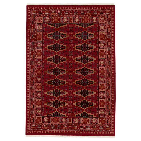 Vimpelegraes: red, rectangular, hand-knotted wool rug with intricate geometric patterns.