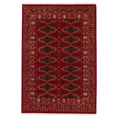 Vimpelegraes: red, rectangular, hand-knotted wool rug with intricate geometric patterns.