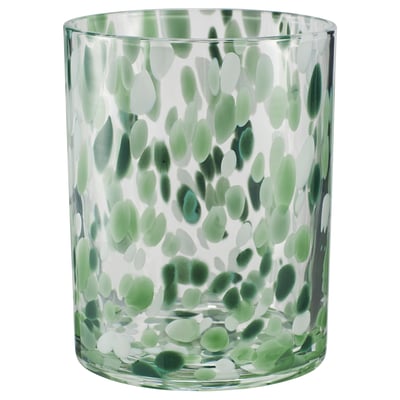 VINDSTILLA: green, glass, cylindrical candle holder with dotted pattern.