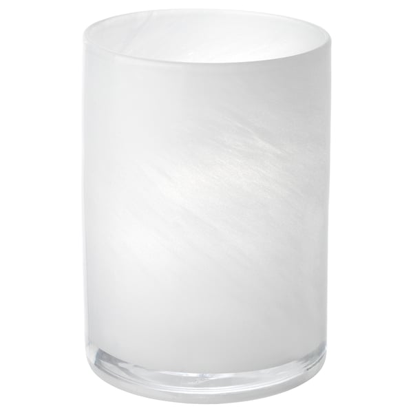White glass candle holder, cylindrical with frosty swirls, handcrafted.