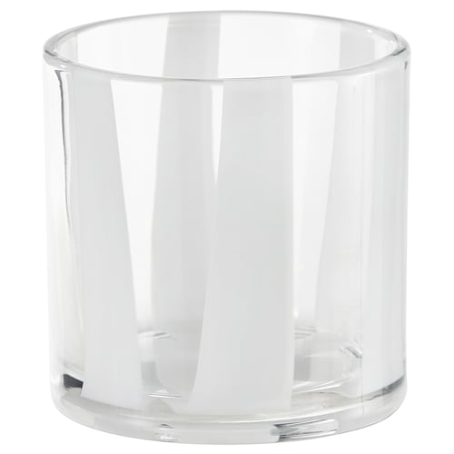 Clear, cylindrical glass candle holder with vertical stripes. Simple, elegant design. Ideal for holding candles.