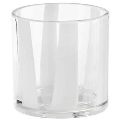 Clear, cylindrical glass candle holder with vertical stripes. Simple, elegant design. Ideal for holding candles.