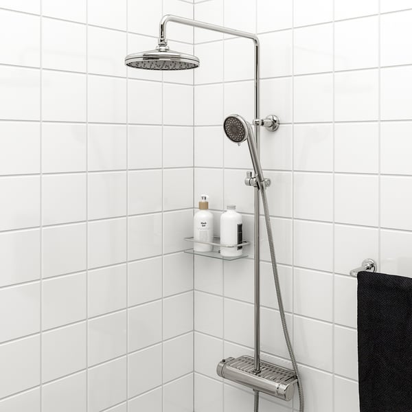 VOXNAN shower head: rain & handheld, chrome, white tiles, minimalist design