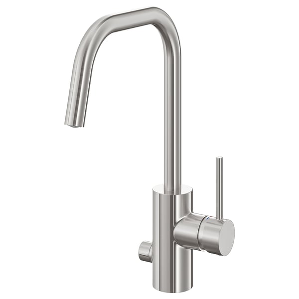 En modern silverfärgad ÄLMAREN-kran med hög pip och en elegant cylindrisk design.