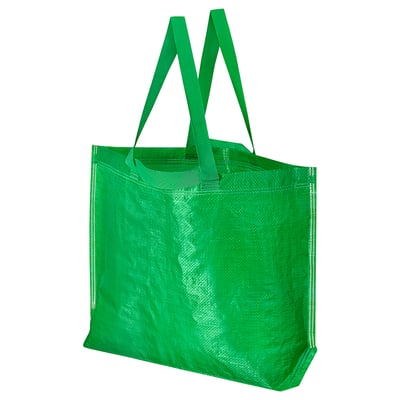 En ljusgrön, återanvändbar shoppingkasse i plast med starka handtag, som står upprätt.