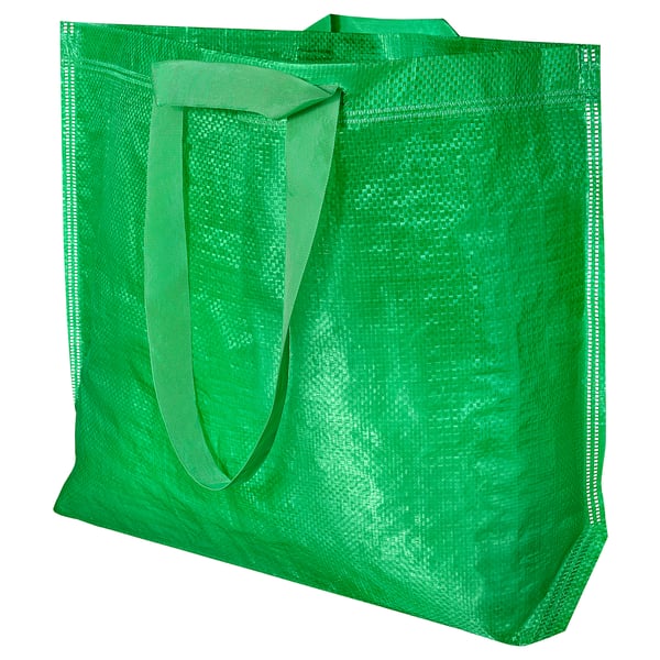 Ljusgrön återanvändbar shoppingväska med robusta handtag, nätdesign och rektangulär form. Perfekt för livsmedel och tvätt.