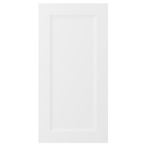 En vit köksskåpsdörr med klassisk design. Den har en slät, rektangulär form med en central infälld panel.