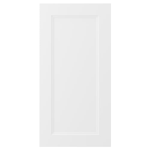 En vit köksskåpsdörr med klassisk design. Den har en slät, rektangulär form med en central infälld panel.